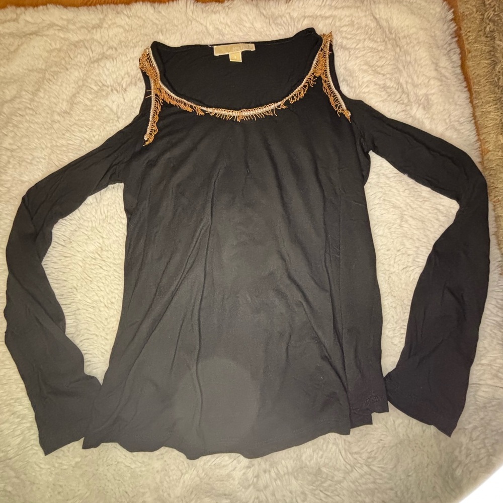 MICHAEL Michael Kors Black Cold Shoulder Top with Gold Fringe